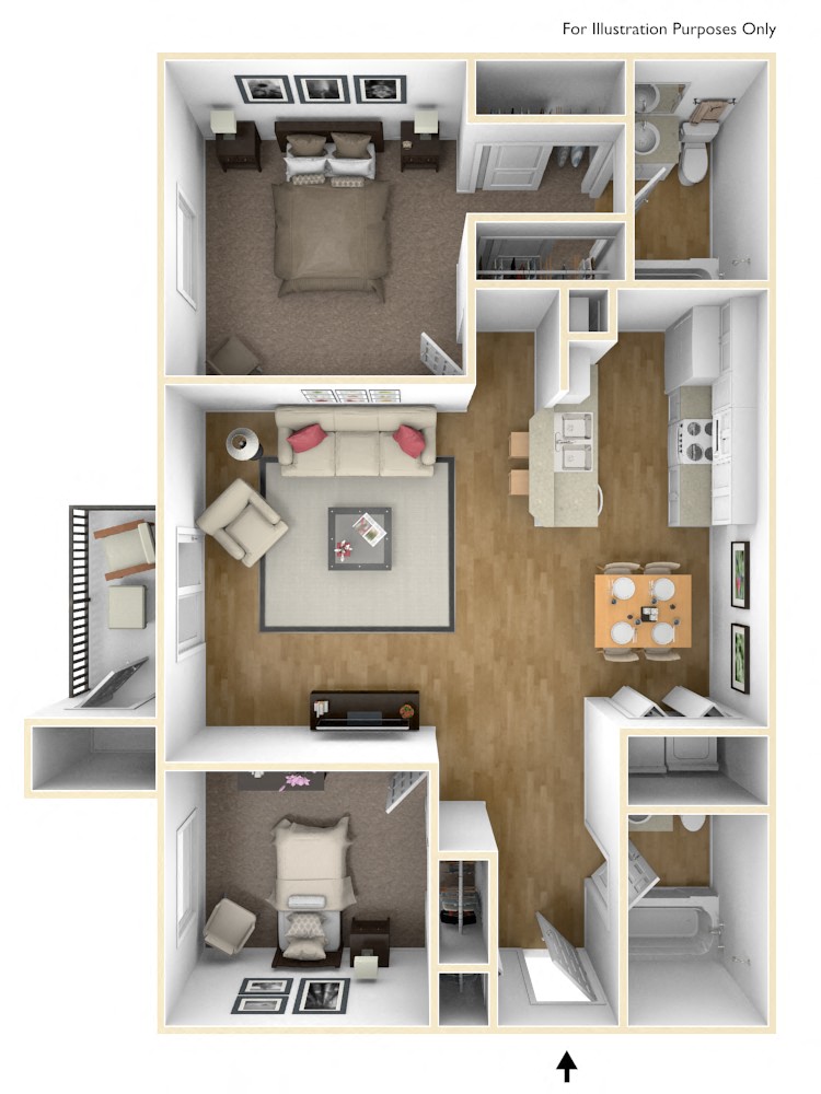 Floor plan for 2 beds, 2 baths, 962 sqft